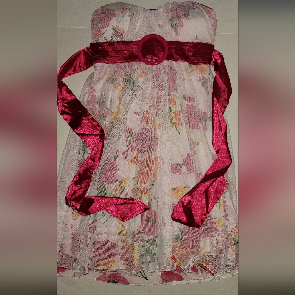 Beautiful Floral strapless Summer dress shiny pink belt bow lacey tulle over top